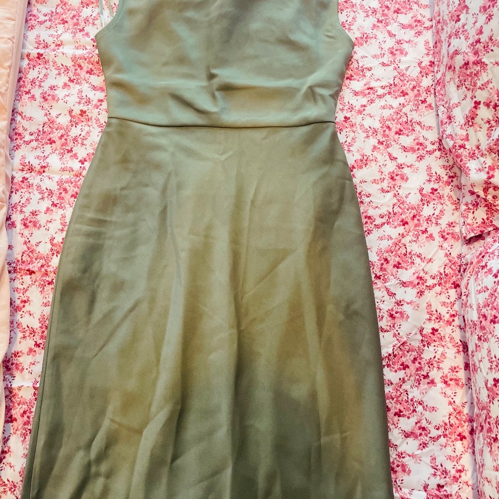 BHLDN Cali Satin Cowl-Neck Midi Slip Dress in Moss